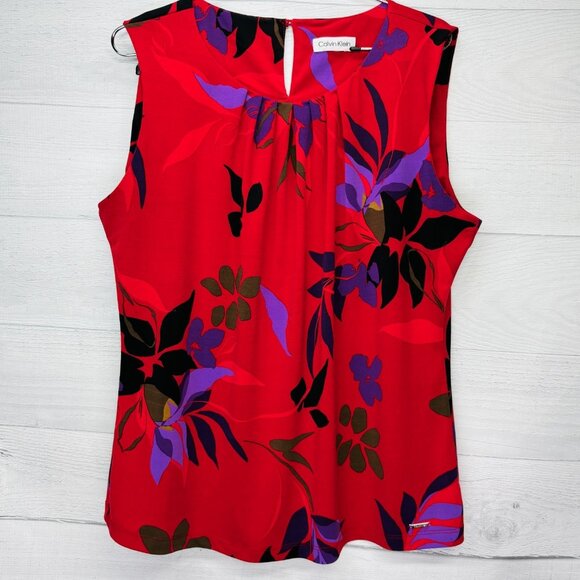 Calvin Klein Sleeveless Floral Top Red Purple Stretch Jersey Blouse Approx XL - Picture 2 of 12